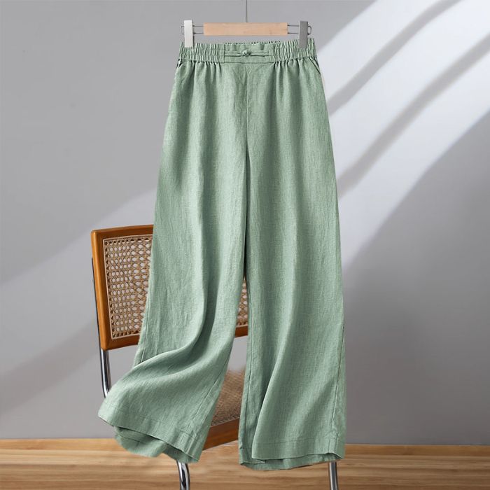 Cotton Linen Solid Color Button Casual Pants for Women Style Elastic Waist Loose Wide Leg Nine-Point Pants