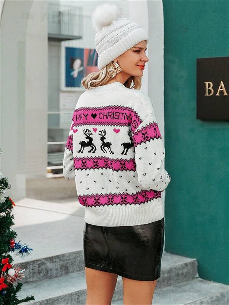 Loose round neck Christmas deer pattern knitted pullover sweater