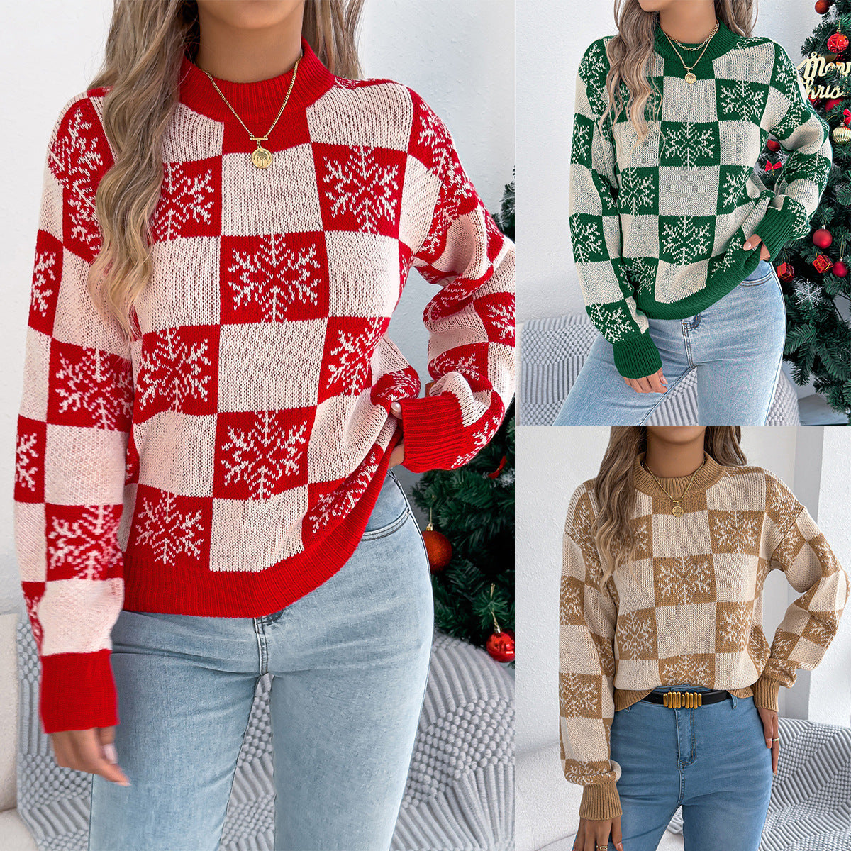 Snowflake plaid lantern long sleeved pullover sweater