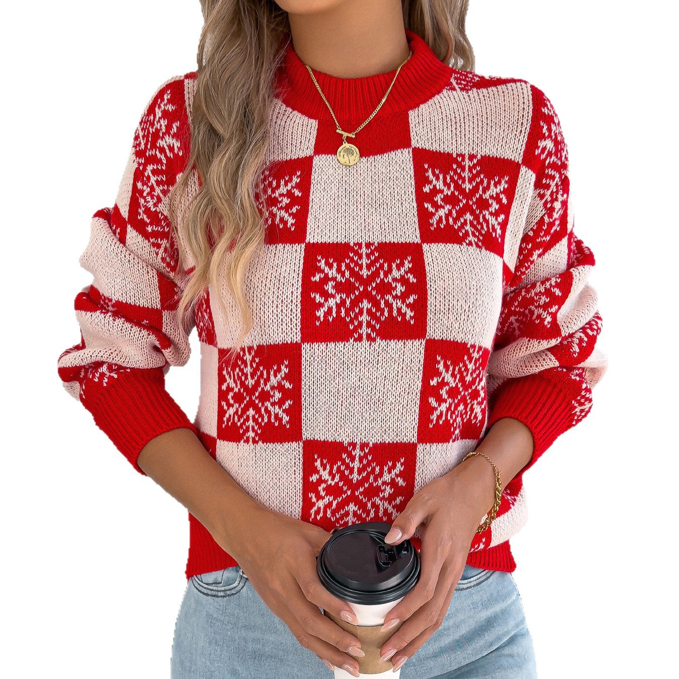 Snowflake plaid lantern long sleeved pullover sweater