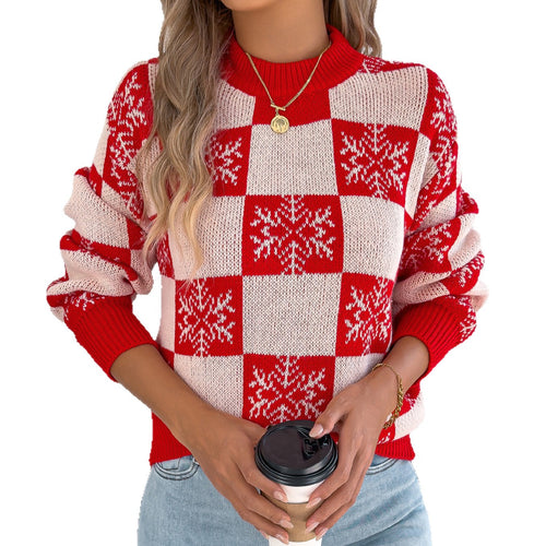 Snowflake plaid lantern long sleeved pullover sweater