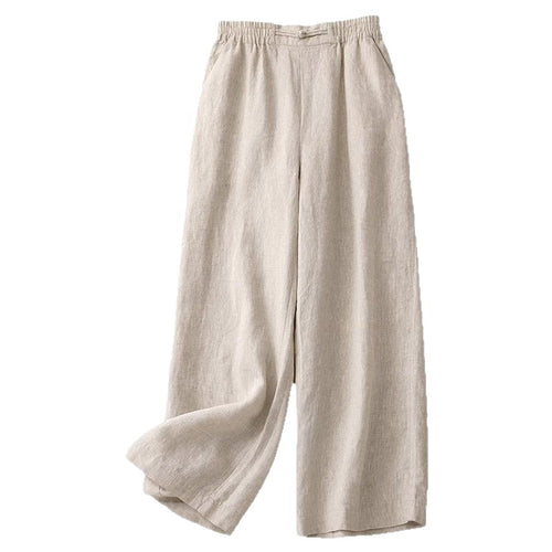 Cotton Linen Solid Color Button Casual Pants for Women Style Elastic Waist Loose Wide Leg Nine-Point Pants