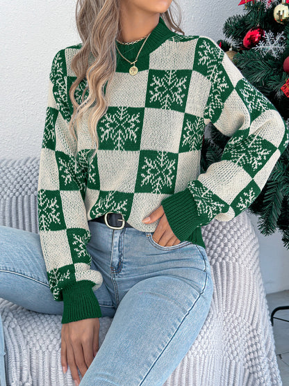 Snowflake plaid lantern long sleeved pullover sweater