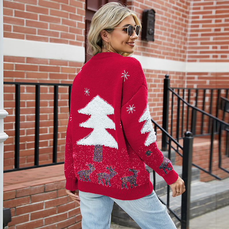 Christmas tree deer jacquard Christmas pullover sweater for women