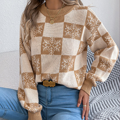 Snowflake plaid lantern long sleeved pullover sweater