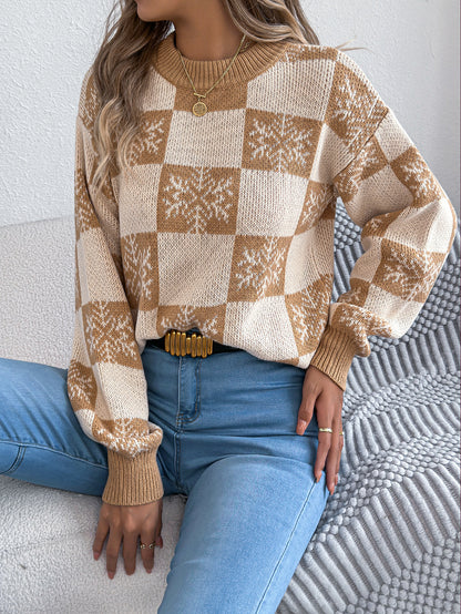 Snowflake plaid lantern long sleeved pullover sweater