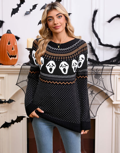 Women's loose Halloween unique skull jacquard round neck long sleeved knitted sweater