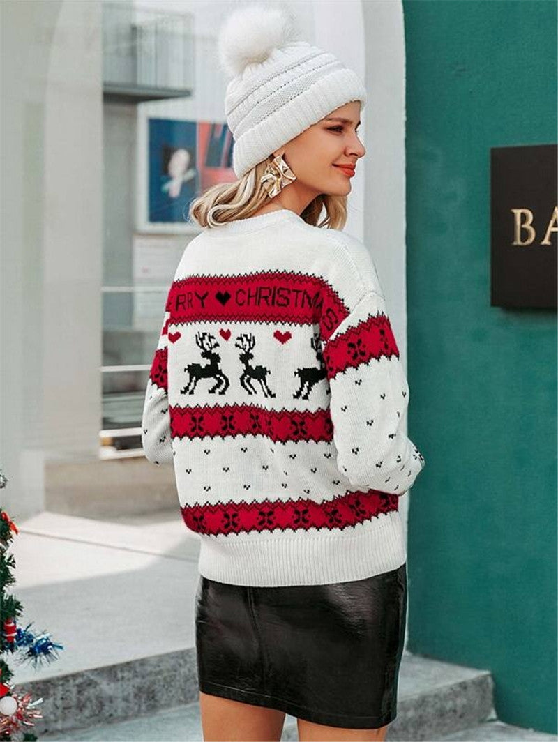 Loose round neck Christmas deer pattern knitted pullover sweater