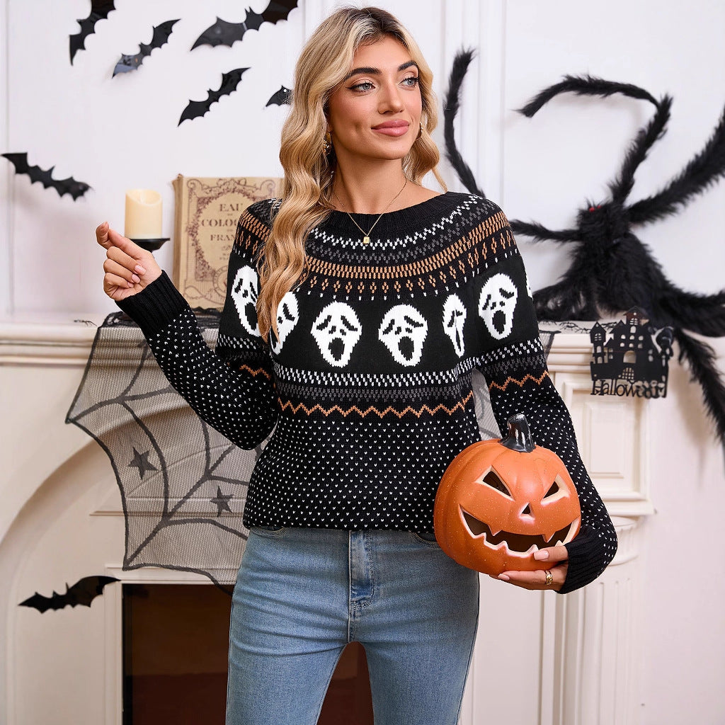 Women's loose Halloween unique skull jacquard round neck long sleeved knitted sweater