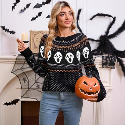 Women's loose Halloween unique skull jacquard round neck long sleeved knitted sweater