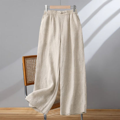 Cotton Linen Solid Color Button Casual Pants for Women Style Elastic Waist Loose Wide Leg Nine-Point Pants
