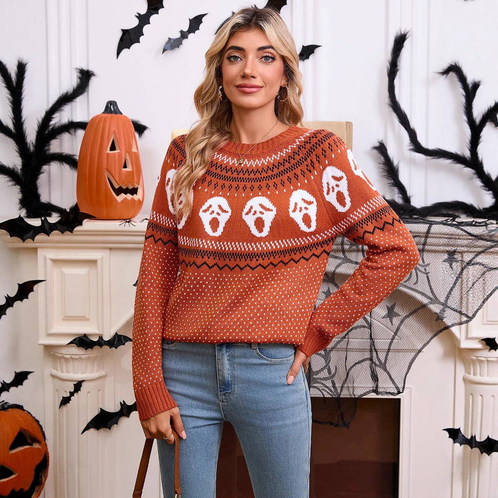 Women's loose Halloween unique skull jacquard round neck long sleeved knitted sweater