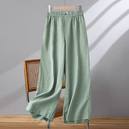 Cotton Linen Solid Color Button Casual Pants for Women Style Elastic Waist Loose Wide Leg Nine-Point Pants