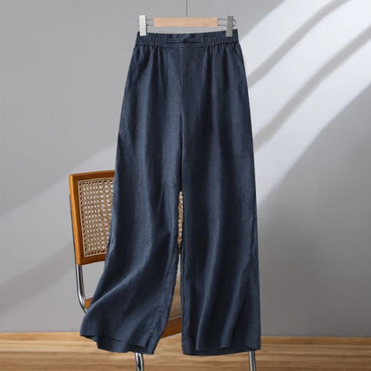 Cotton Linen Solid Color Button Casual Pants for Women Style Elastic Waist Loose Wide Leg Nine-Point Pants