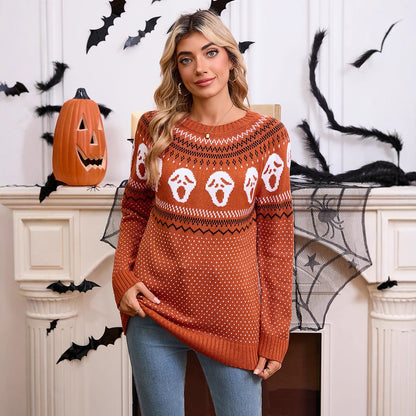 Women's loose Halloween unique skull jacquard round neck long sleeved knitted sweater