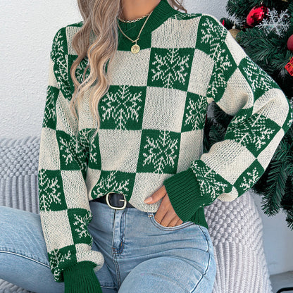 Snowflake plaid lantern long sleeved pullover sweater