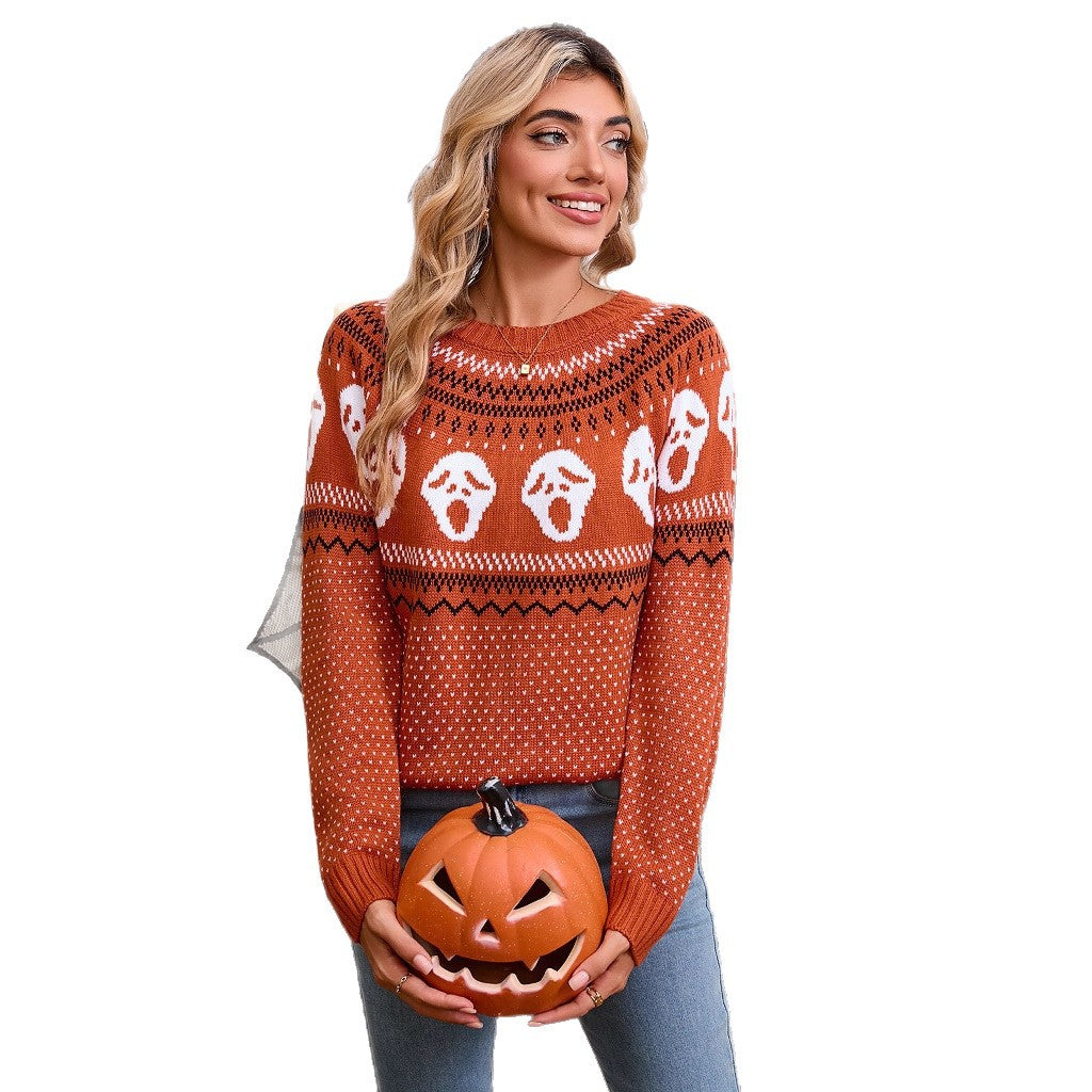 Women's loose Halloween unique skull jacquard round neck long sleeved knitted sweater
