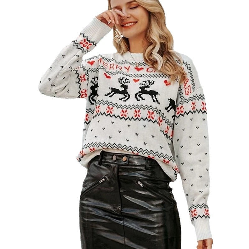 Loose round neck Christmas deer pattern knitted pullover sweater
