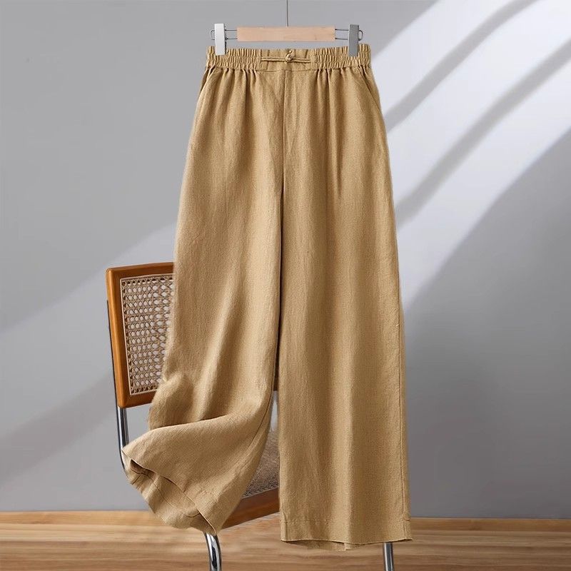 Cotton Linen Solid Color Button Casual Pants for Women Style Elastic Waist Loose Wide Leg Nine-Point Pants