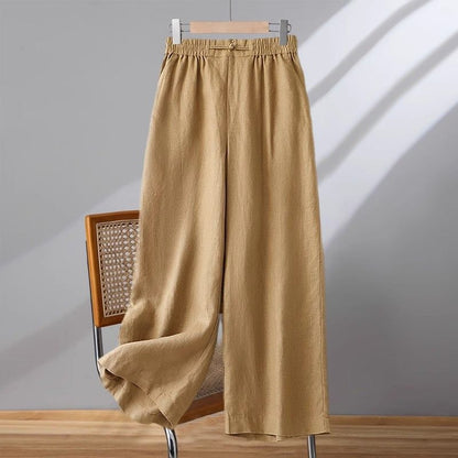Cotton Linen Solid Color Button Casual Pants for Women Style Elastic Waist Loose Wide Leg Nine-Point Pants