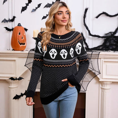 Women's loose Halloween unique skull jacquard round neck long sleeved knitted sweater